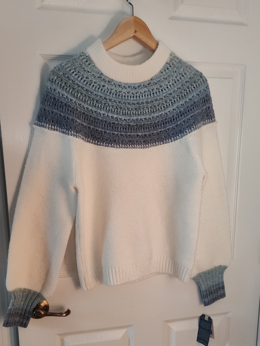 Democracy Cream Crewneck Sweater with Blue Gradient Yoke